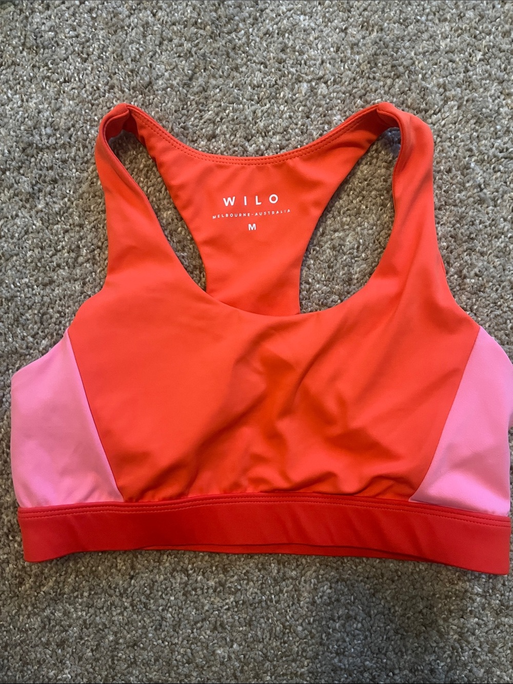 Wilo the Label Women's Colorblock Sports Bra - Orange, Red & Pink size medium